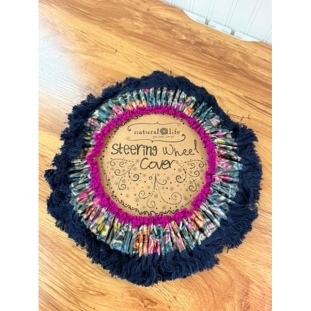 Natural Life Boho Steering Wheel Cover Pom Pom Fringe Floral Navy Magenta OS